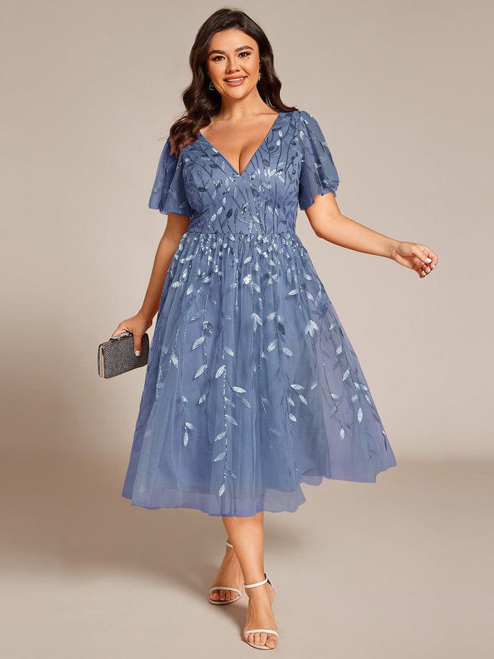 ever SIMONE|Short Sleeves Leaf Sequin A-Line Midi Formal Wedding Guest Dress