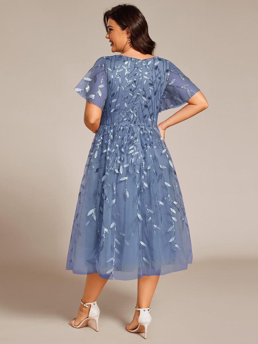 ever SIMONE|Short Sleeves Leaf Sequin A-Line Midi Formal Wedding Guest Dress