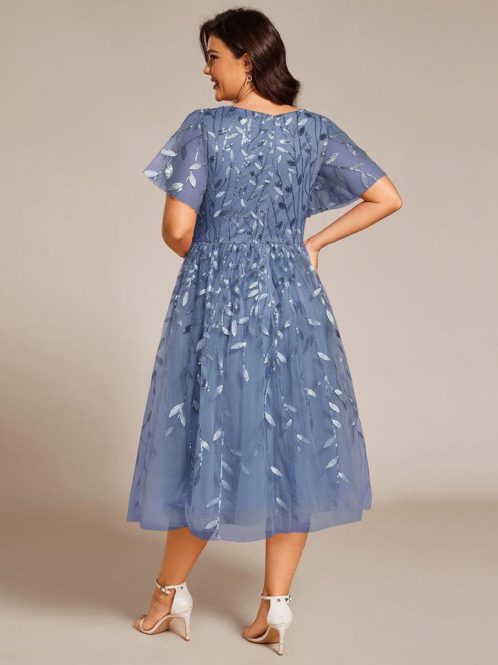 pretty SIMONE|Plus Size Sparkly A-Line Midi Tulle Formal Wedding Guest Dress with Leaf Sequin