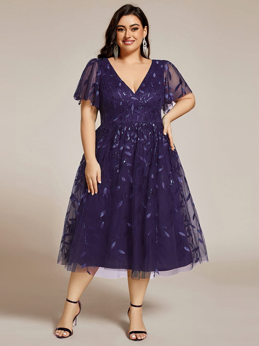 ever SIMONE|Short Sleeves Leaf Sequin A-Line Midi Formal Wedding Guest Dress