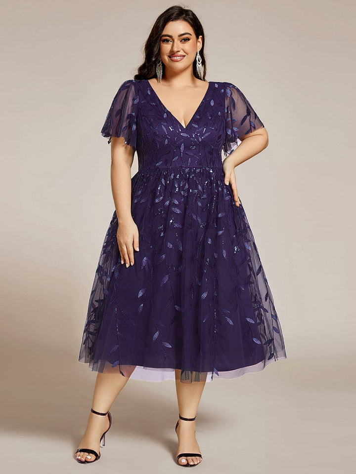 ever SIMONE|Short Sleeves Leaf Sequin A-Line Midi Formal Wedding Guest Dress