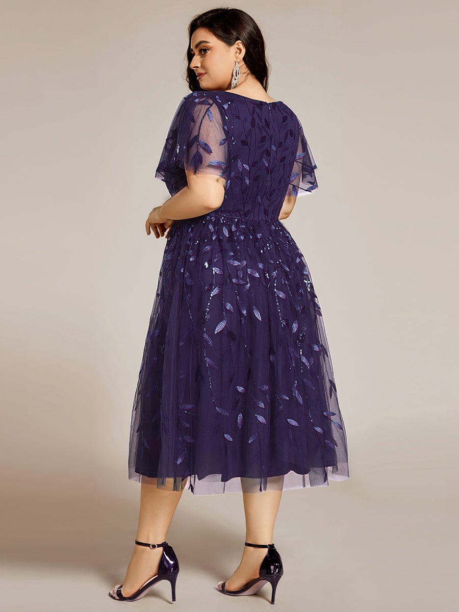 ever SIMONE|Short Sleeves Leaf Sequin A-Line Midi Formal Wedding Guest Dress