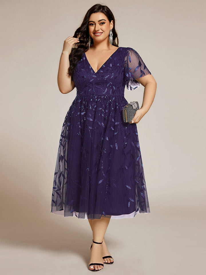 ever SIMONE|Short Sleeves Leaf Sequin A-Line Midi Formal Wedding Guest Dress