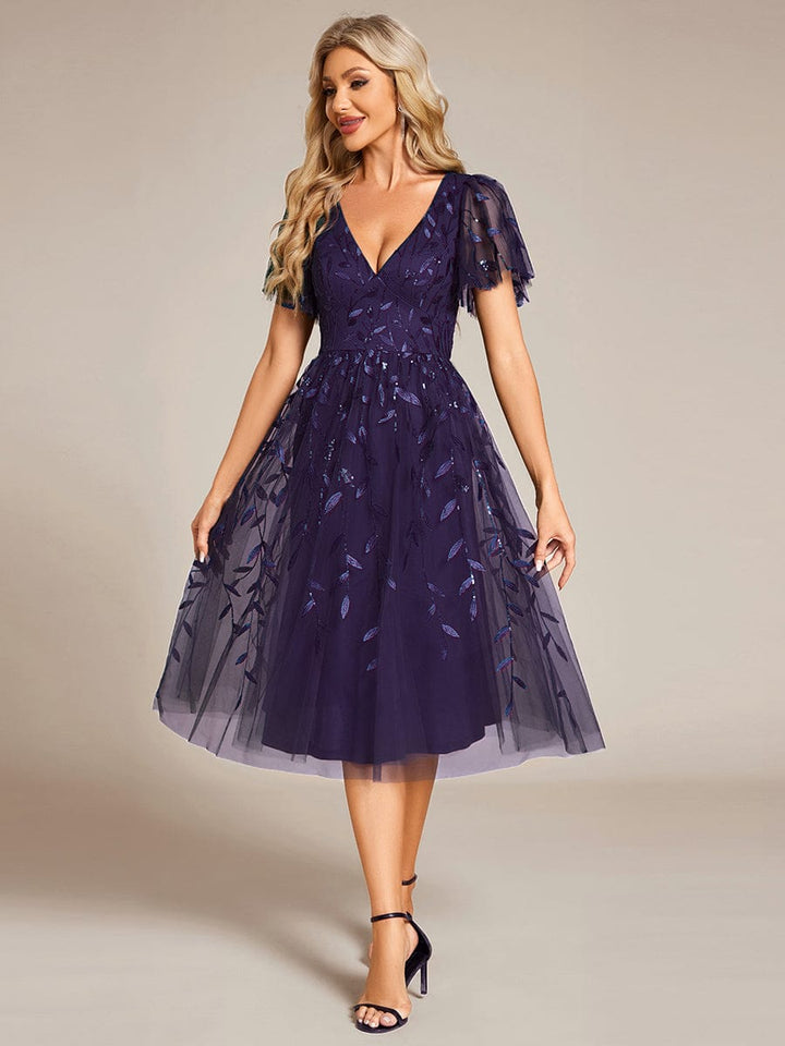 ever SIMONE|Short Sleeves Leaf Sequin A-Line Midi Formal Wedding Guest Dress