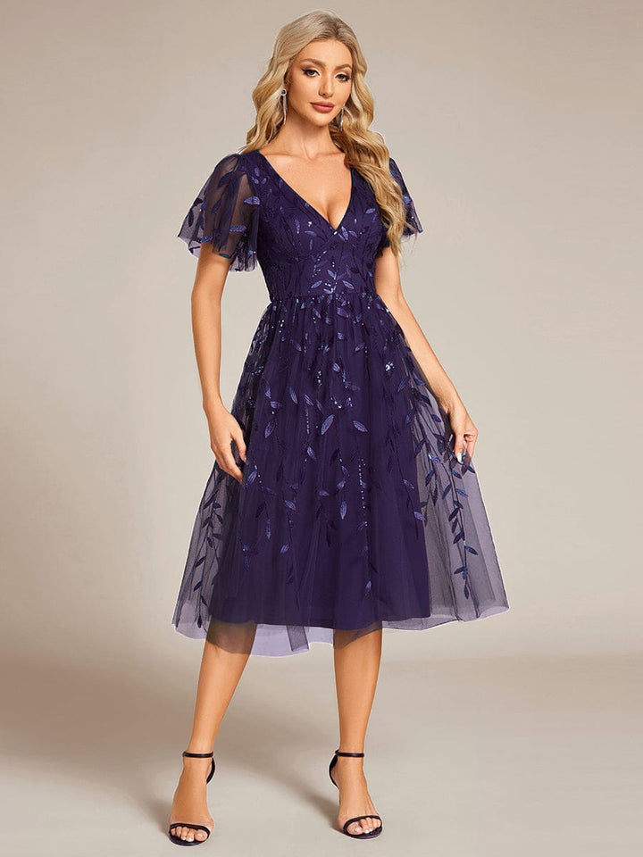 ever SIMONE|Short Sleeves Leaf Sequin A-Line Midi Formal Wedding Guest Dress