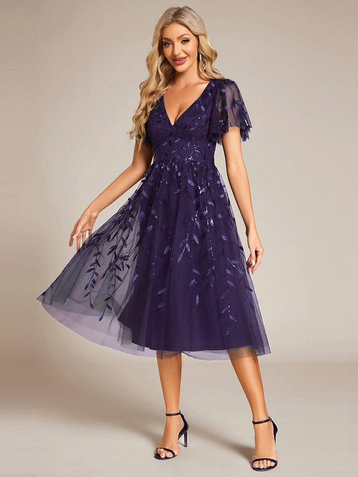 ever SIMONE|Short Sleeves Leaf Sequin A-Line Midi Formal Wedding Guest Dress