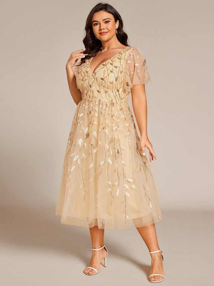 pretty SIMONE|Plus Size Sparkly A-Line Midi Tulle Formal Wedding Guest Dress with Leaf Sequin