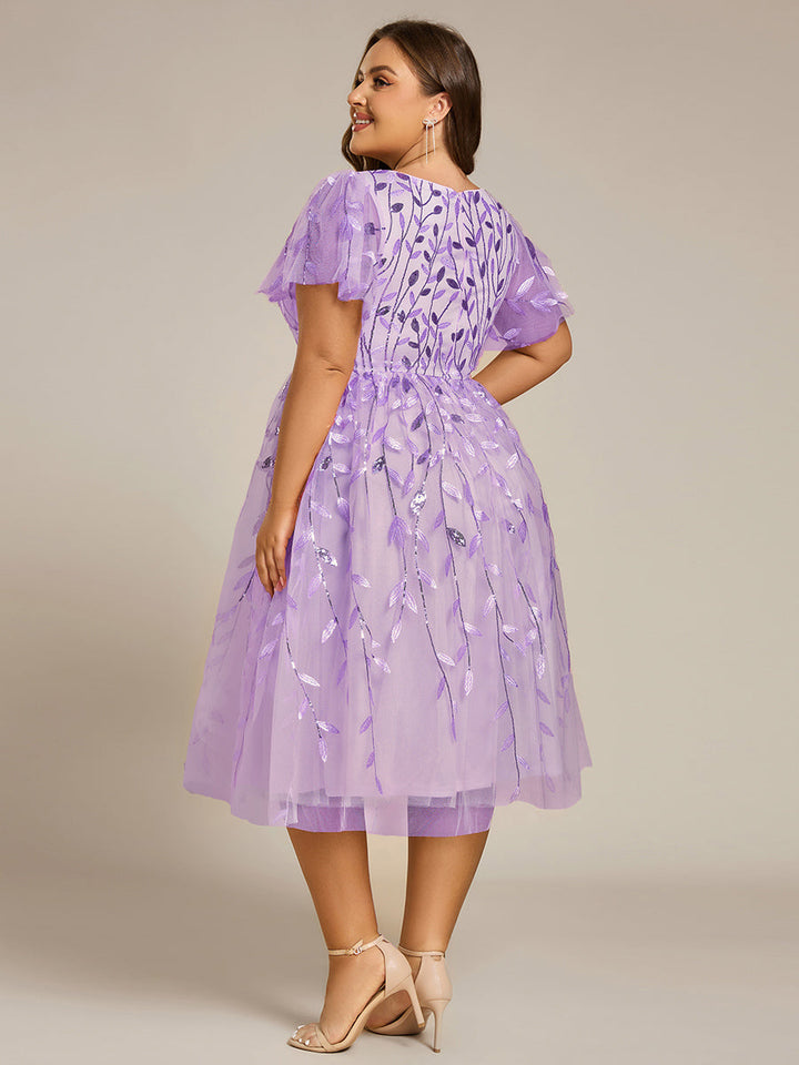 ever SIMONE|Short Sleeves Leaf Sequin A-Line Midi Formal Wedding Guest Dress