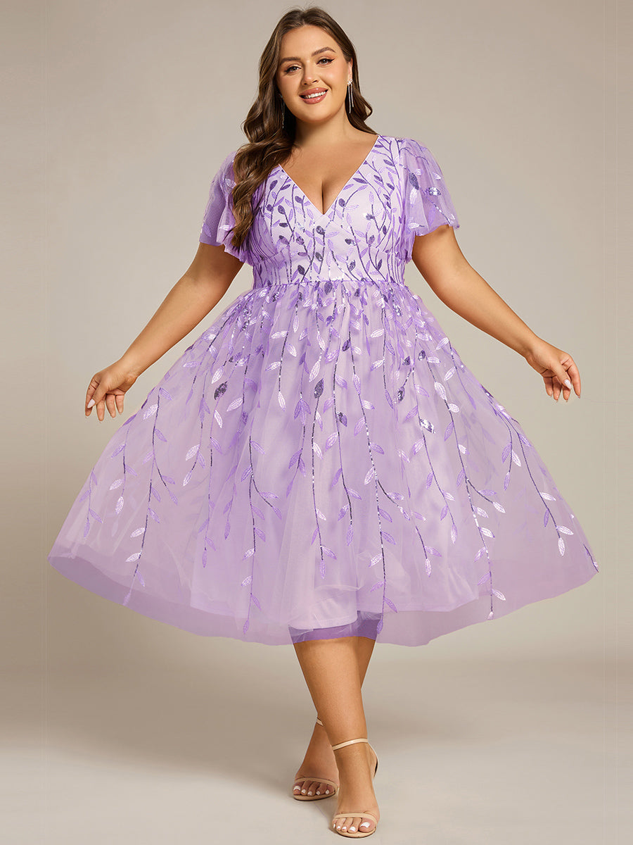 ever SIMONE|Short Sleeves Leaf Sequin A-Line Midi Formal Wedding Guest Dress