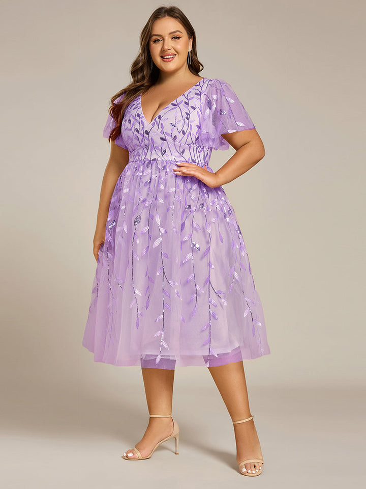 pretty SIMONE|Plus Size Sparkly A-Line Midi Tulle Formal Wedding Guest Dress with Leaf Sequin