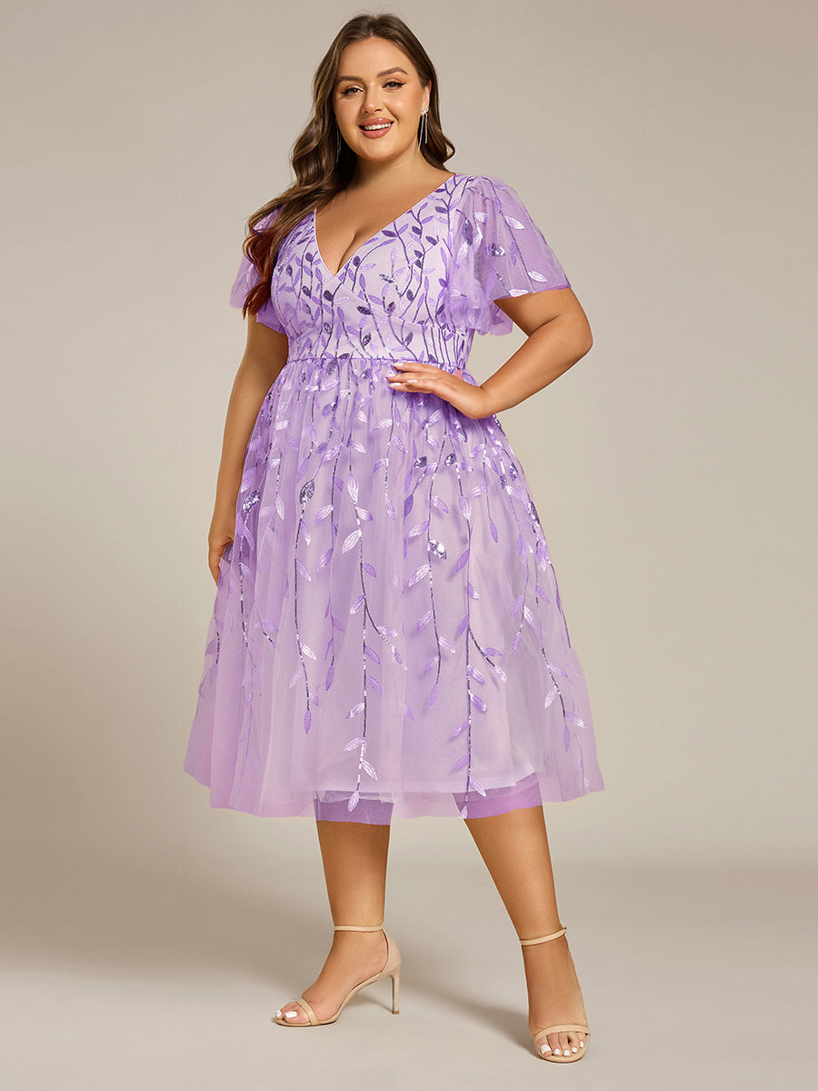 ever SIMONE|Short Sleeves Leaf Sequin A-Line Midi Formal Wedding Guest Dress