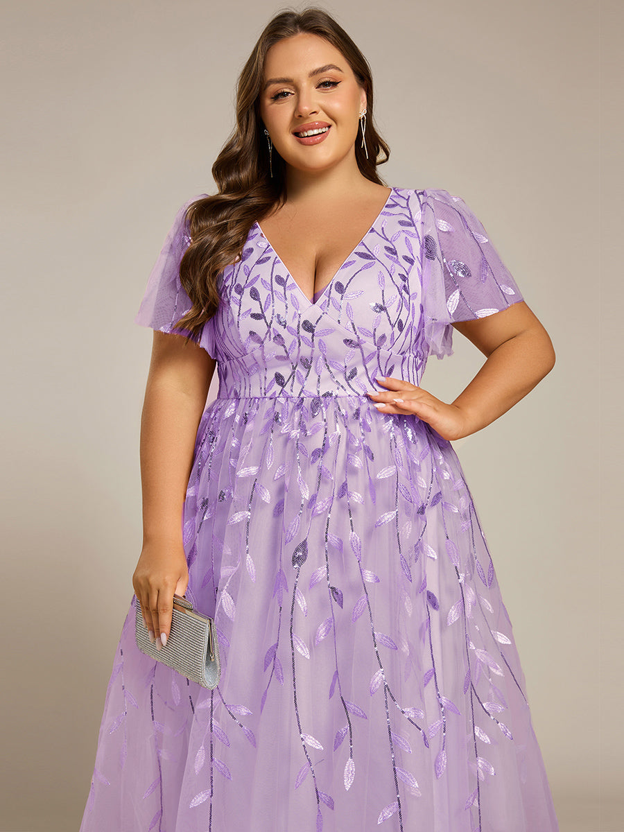 ever SIMONE|Short Sleeves Leaf Sequin A-Line Midi Formal Wedding Guest Dress