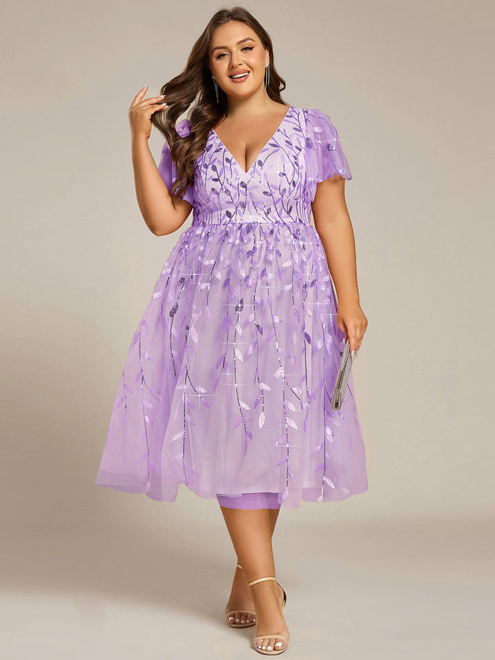 pretty SIMONE|Plus Size Sparkly A-Line Midi Tulle Formal Wedding Guest Dress with Leaf Sequin