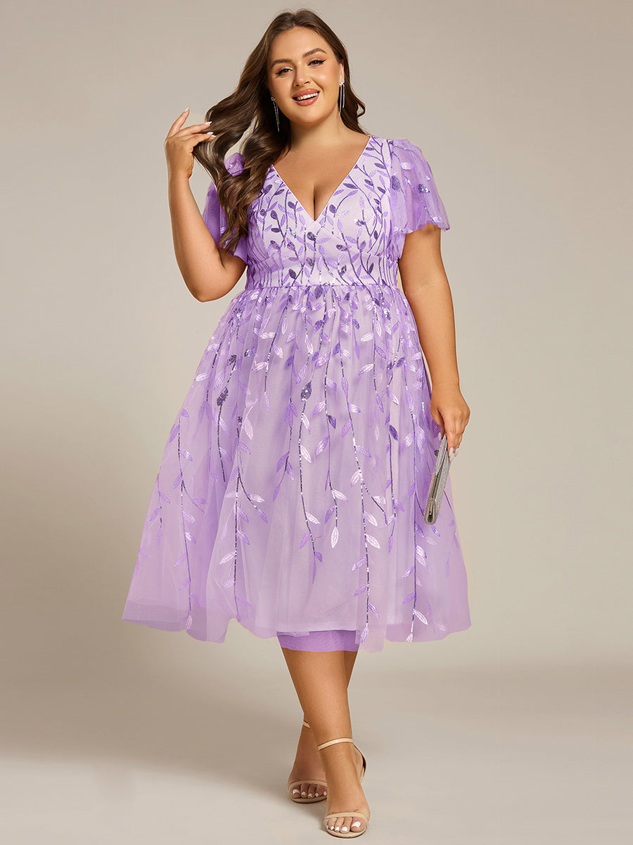 ever SIMONE|Short Sleeves Leaf Sequin A-Line Midi Formal Wedding Guest Dress