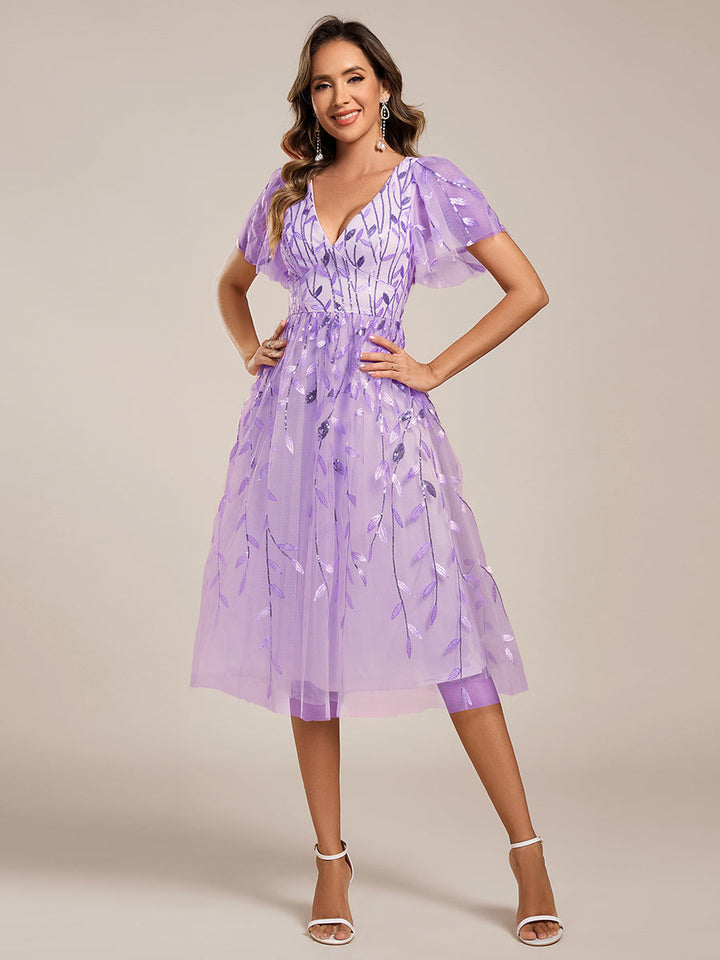 ever SIMONE|Short Sleeves Leaf Sequin A-Line Midi Formal Wedding Guest Dress