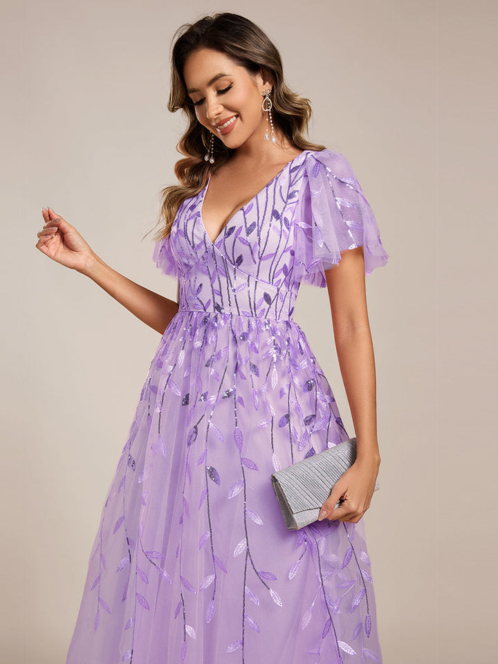 ever SIMONE|Short Sleeves Leaf Sequin A-Line Midi Formal Wedding Guest Dress
