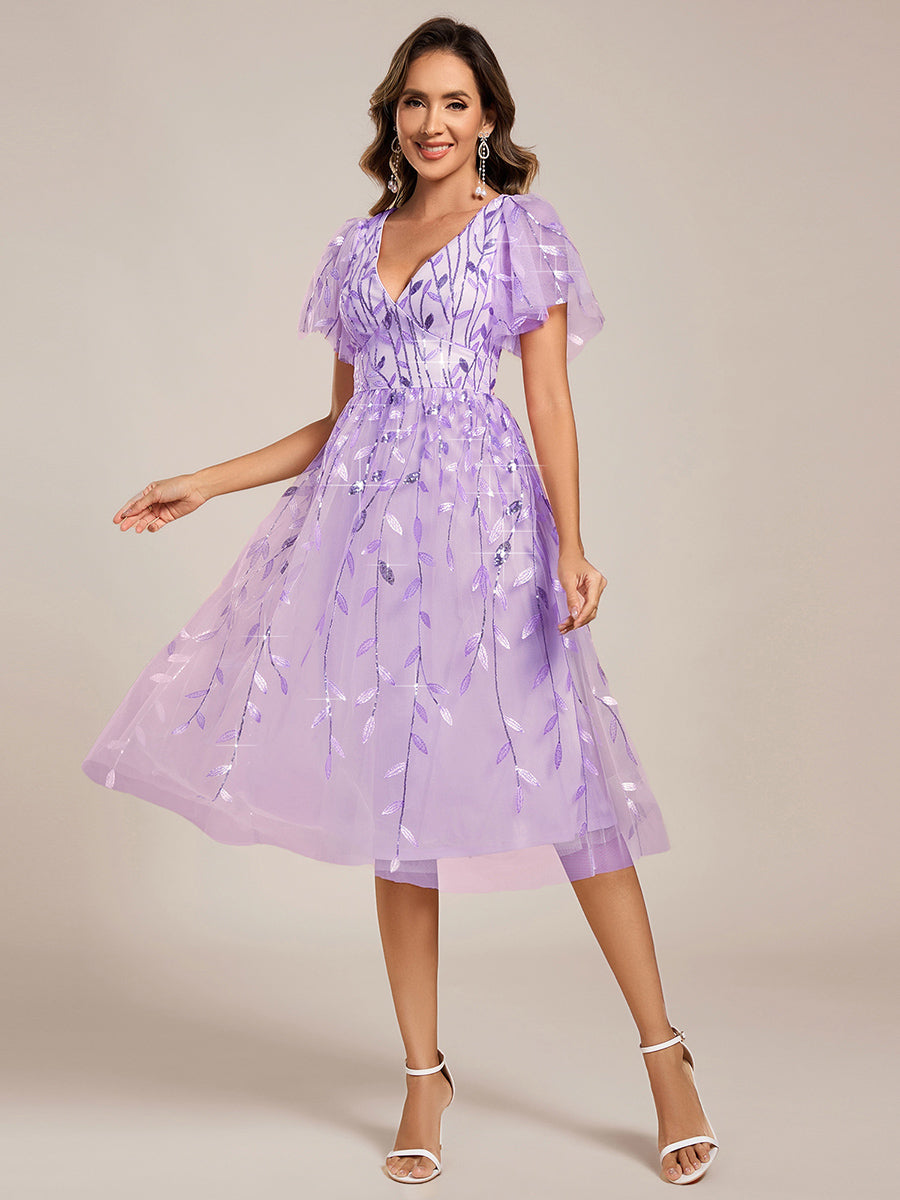 ever SIMONE|Short Sleeves Leaf Sequin A-Line Midi Formal Wedding Guest Dress