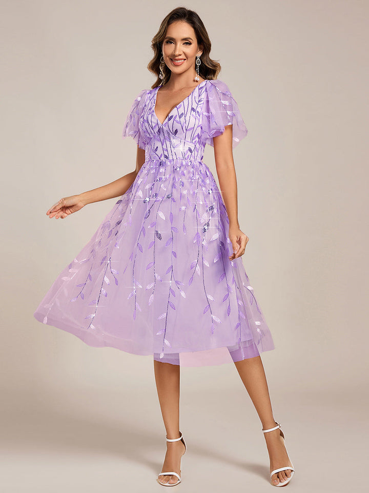 ever SIMONE|Short Sleeves Leaf Sequin A-Line Midi Formal Wedding Guest Dress