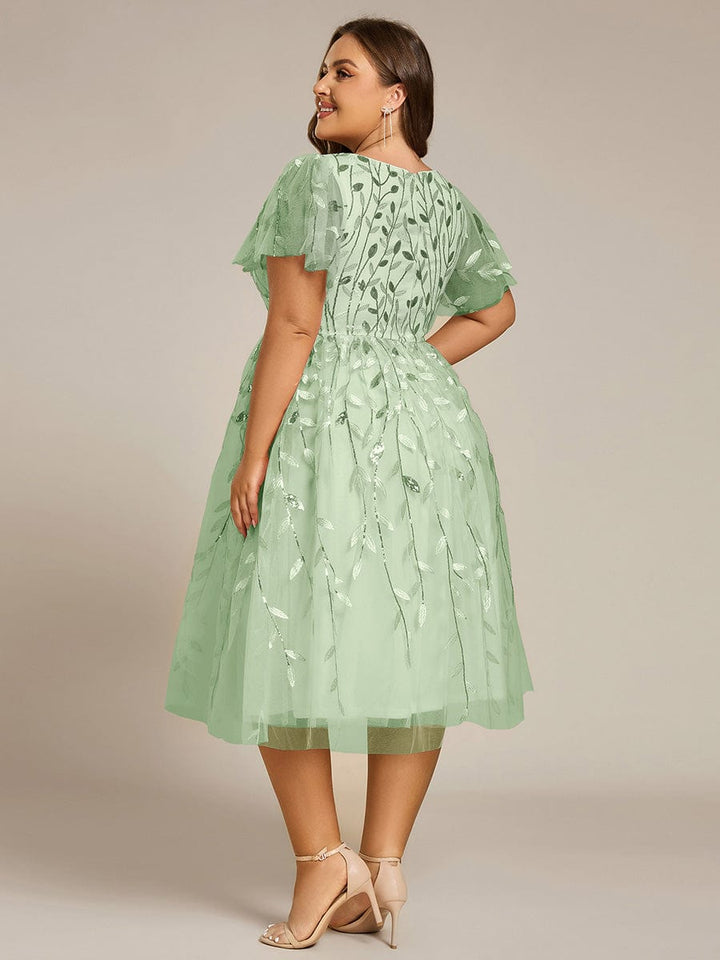 pretty SIMONE|Plus Size Sparkly A-Line Midi Tulle Formal Wedding Guest Dress with Leaf Sequin