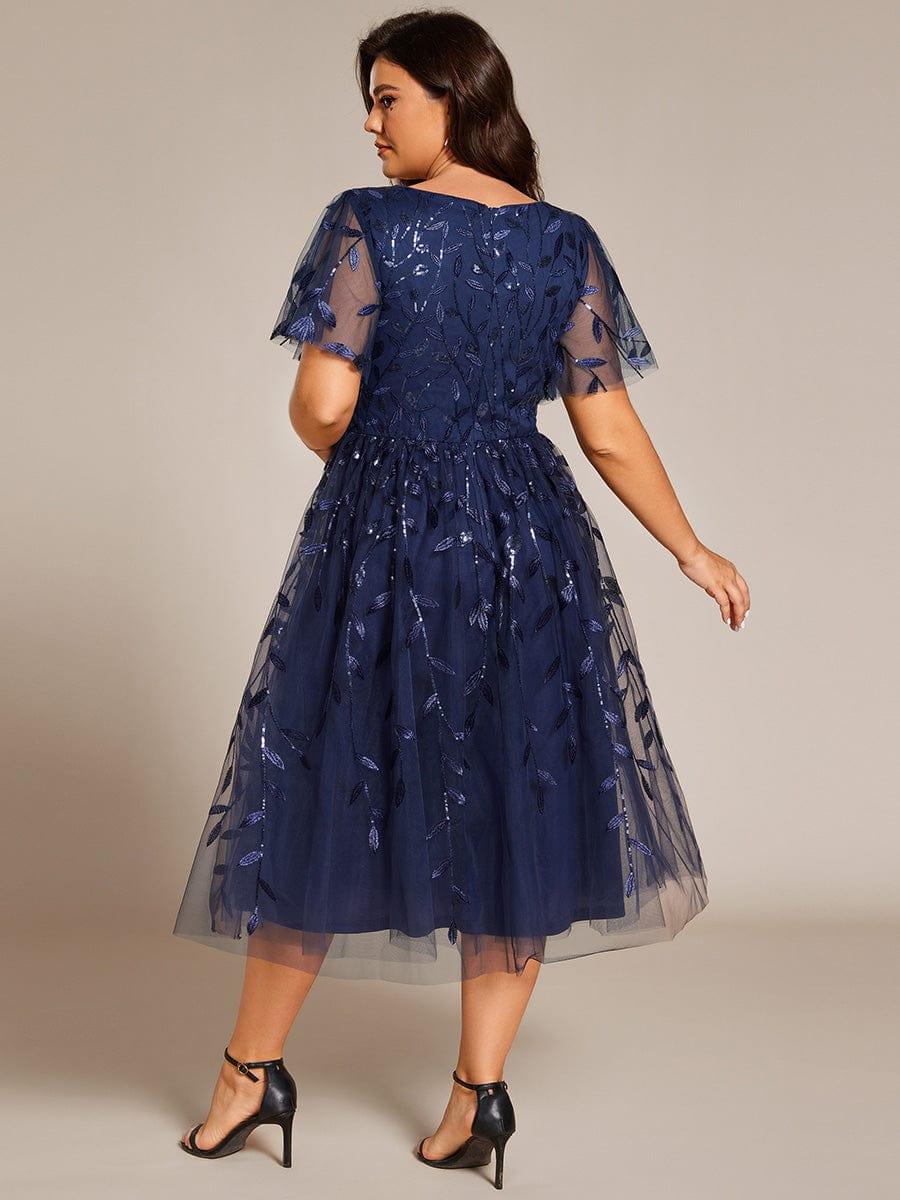 ever SIMONE|Short Sleeves Leaf Sequin A-Line Midi Formal Wedding Guest Dress