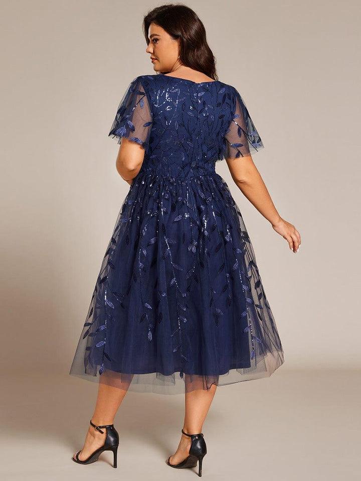 ever SIMONE|Short Sleeves Leaf Sequin A-Line Midi Formal Wedding Guest Dress