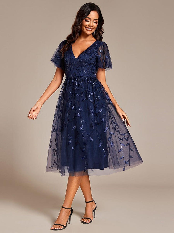 ever SIMONE|Short Sleeves Leaf Sequin A-Line Midi Formal Wedding Guest Dress