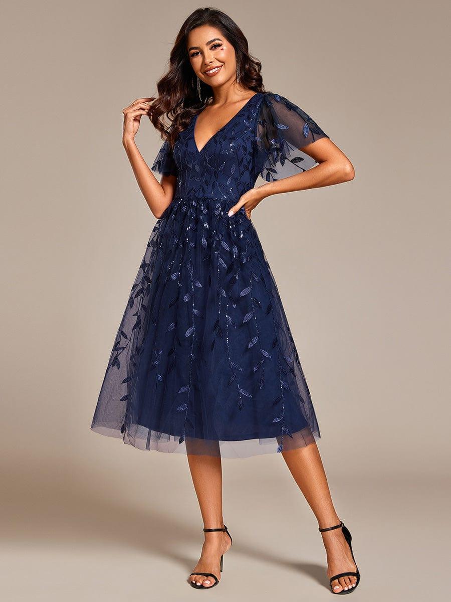 ever SIMONE|Short Sleeves Leaf Sequin A-Line Midi Formal Wedding Guest Dress
