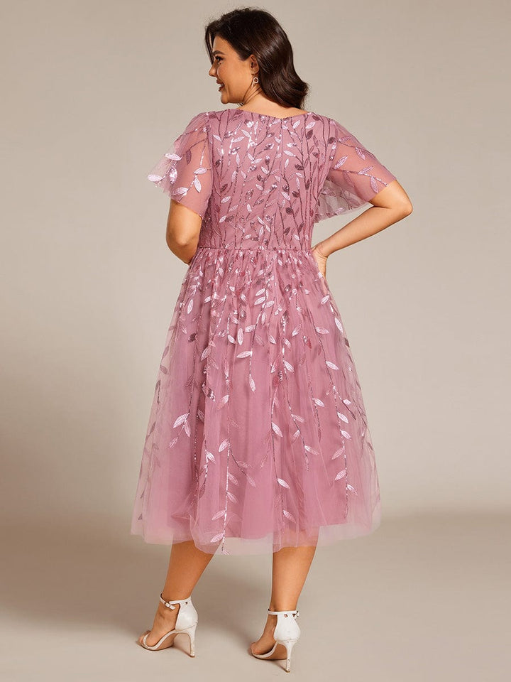 pretty SIMONE|Plus Size Sparkly A-Line Midi Tulle Formal Wedding Guest Dress with Leaf Sequin