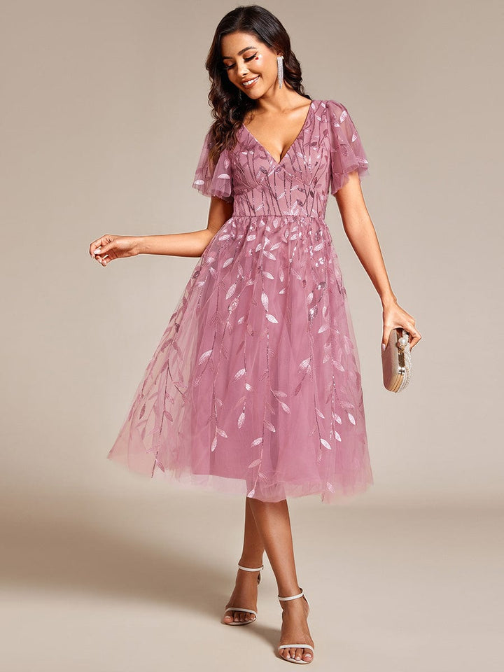 ever SIMONE|Short Sleeves Leaf Sequin A-Line Midi Formal Wedding Guest Dress