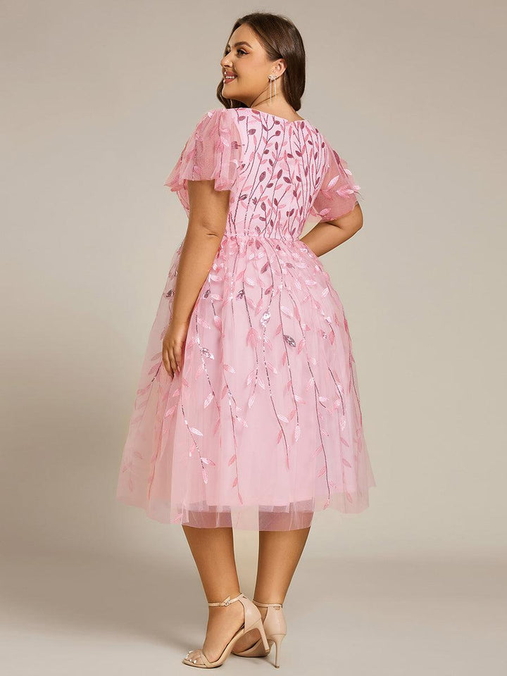 pretty SIMONE|Plus Size Sparkly A-Line Midi Tulle Formal Wedding Guest Dress with Leaf Sequin