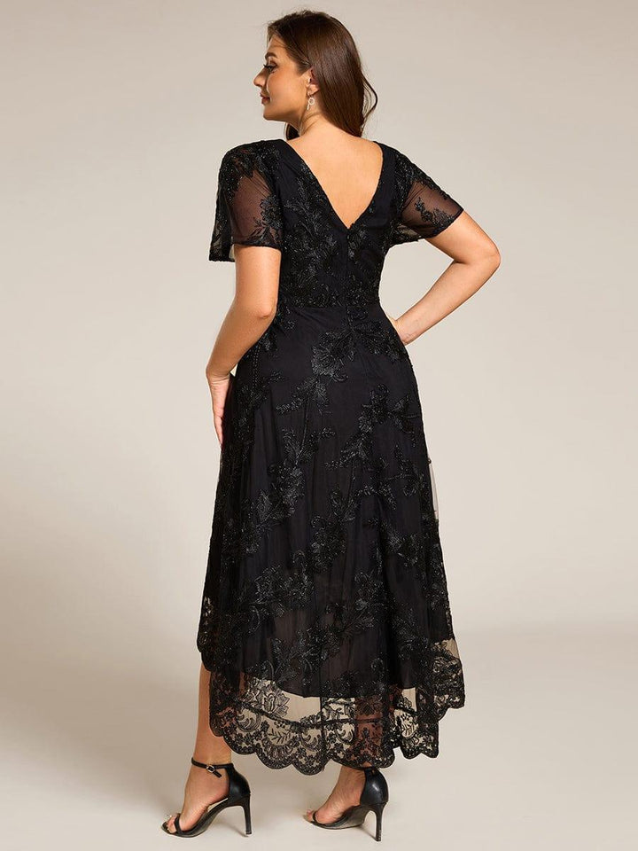 ever TIDAL|Embroidered Mesh Double V-Neck Short Sleeves Midi Wedding Guest Dress