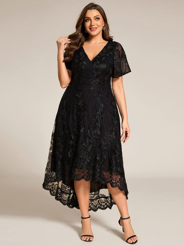 pretty TIDAL|Plus Size Short Sleeves Embroidered Mesh A-Line V-Neck Midi Wedding Guest Dress