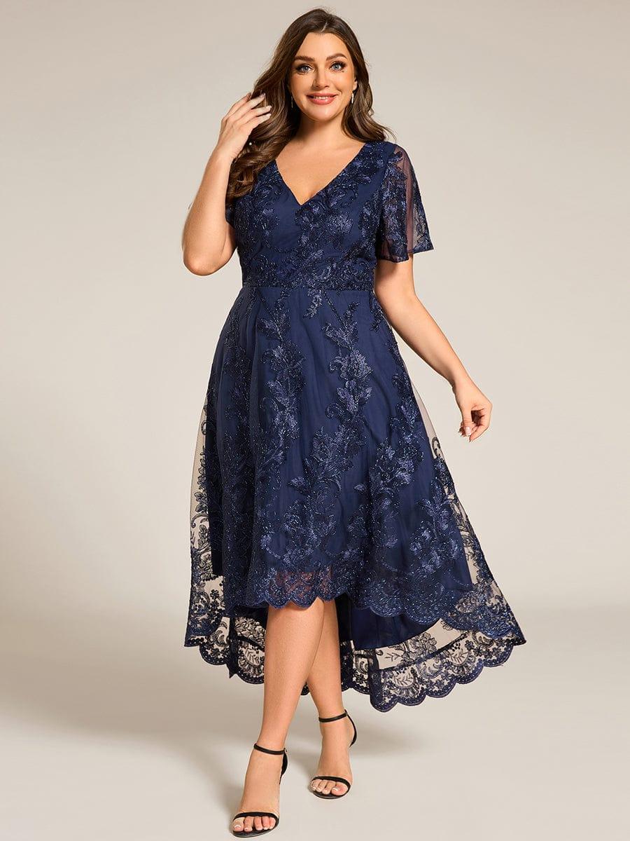 ever TIDAL|Embroidered Mesh Double V-Neck Short Sleeves Midi Wedding Guest Dress