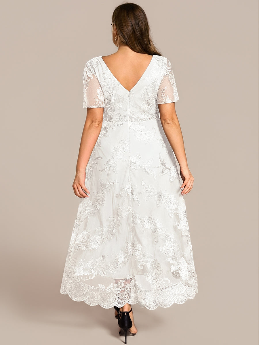 ever TIDAL|Embroidered Mesh Double V-Neck Short Sleeves Midi Wedding Guest Dress