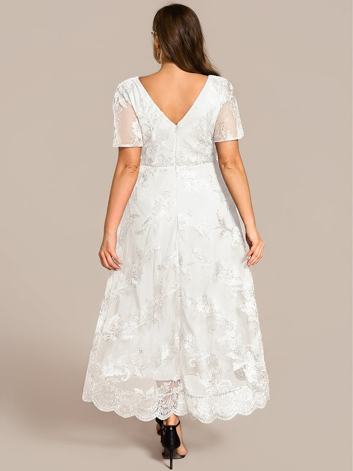 ever TIDAL|Embroidered Mesh Double V-Neck Short Sleeves Midi Wedding Guest Dress
