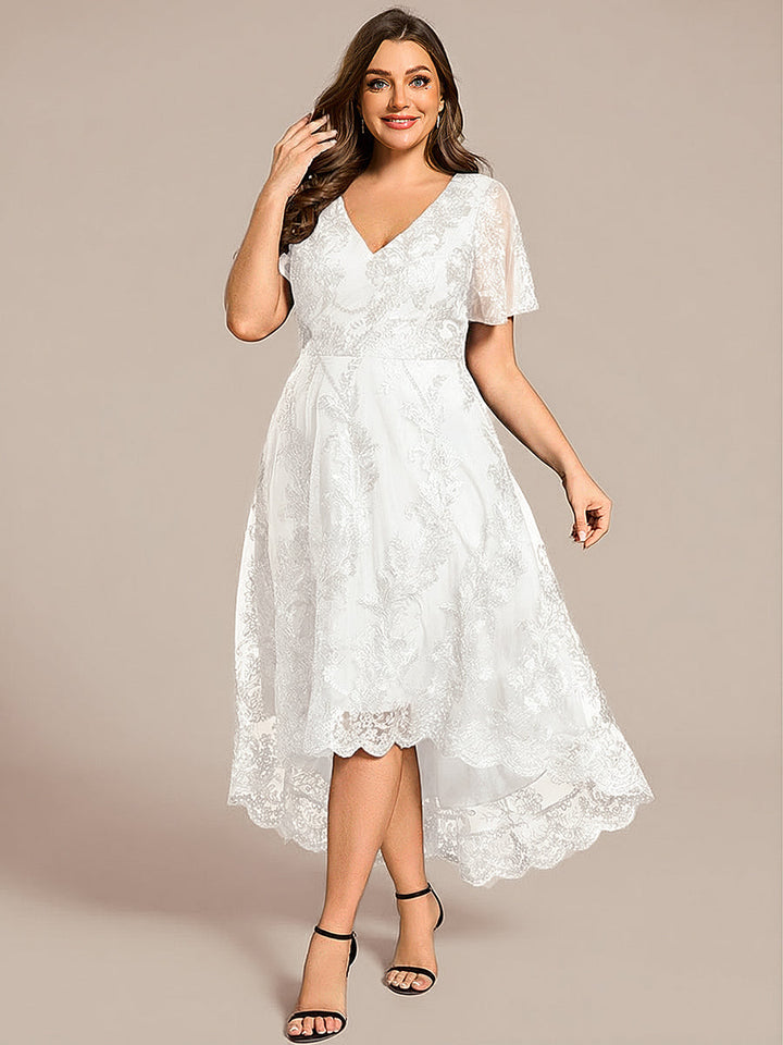 ever TIDAL|Embroidered Mesh Double V-Neck Short Sleeves Midi Wedding Guest Dress