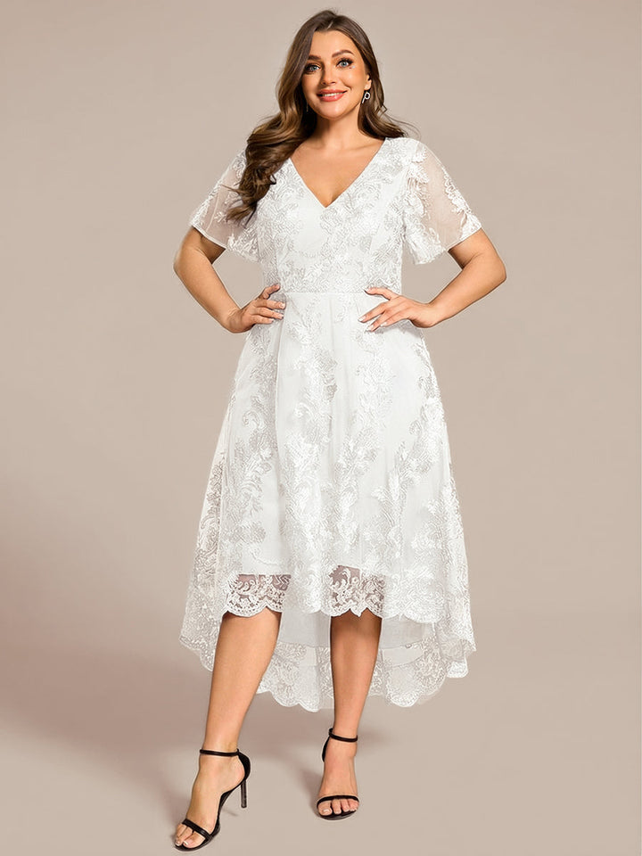 ever TIDAL|Embroidered Mesh Double V-Neck Short Sleeves Midi Wedding Guest Dress