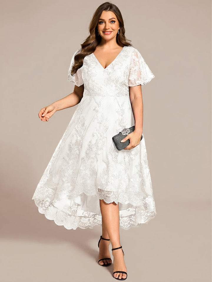 pretty TIDAL|Plus Size Short Sleeves Embroidered Mesh A-Line V-Neck Midi Wedding Guest Dress