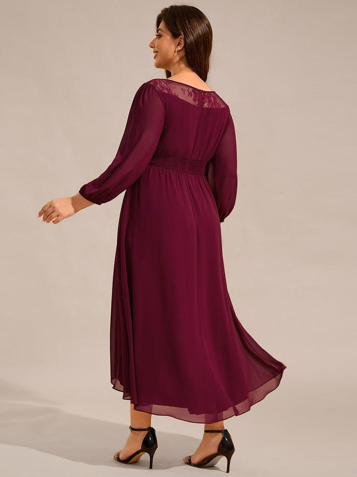ever AMYRA|Long Sleeve Waist Chain Round Neckline Midi Chiffon Wedding Guest Dress
