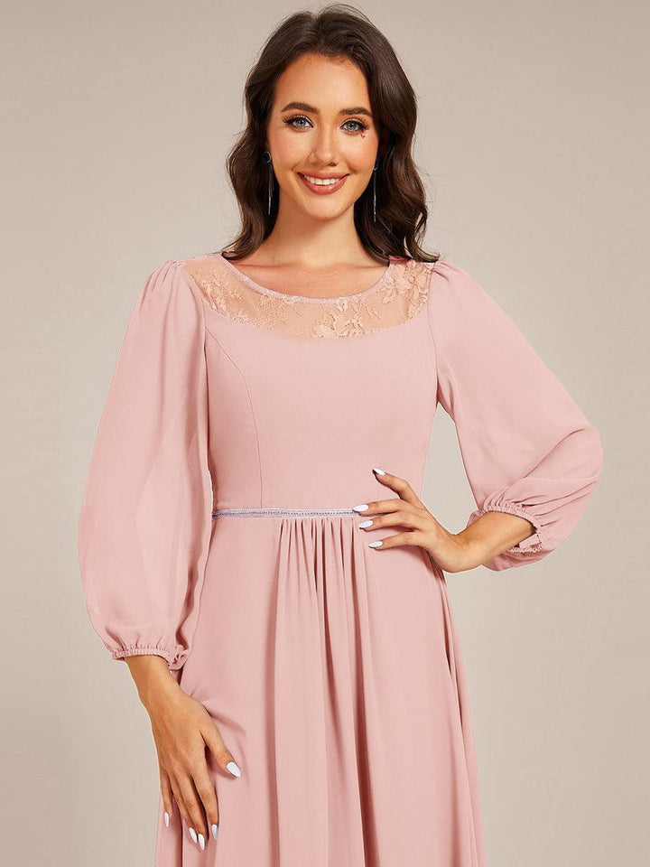 ever AMYRA|Long Sleeve Waist Chain Round Neckline Midi Chiffon Wedding Guest Dress