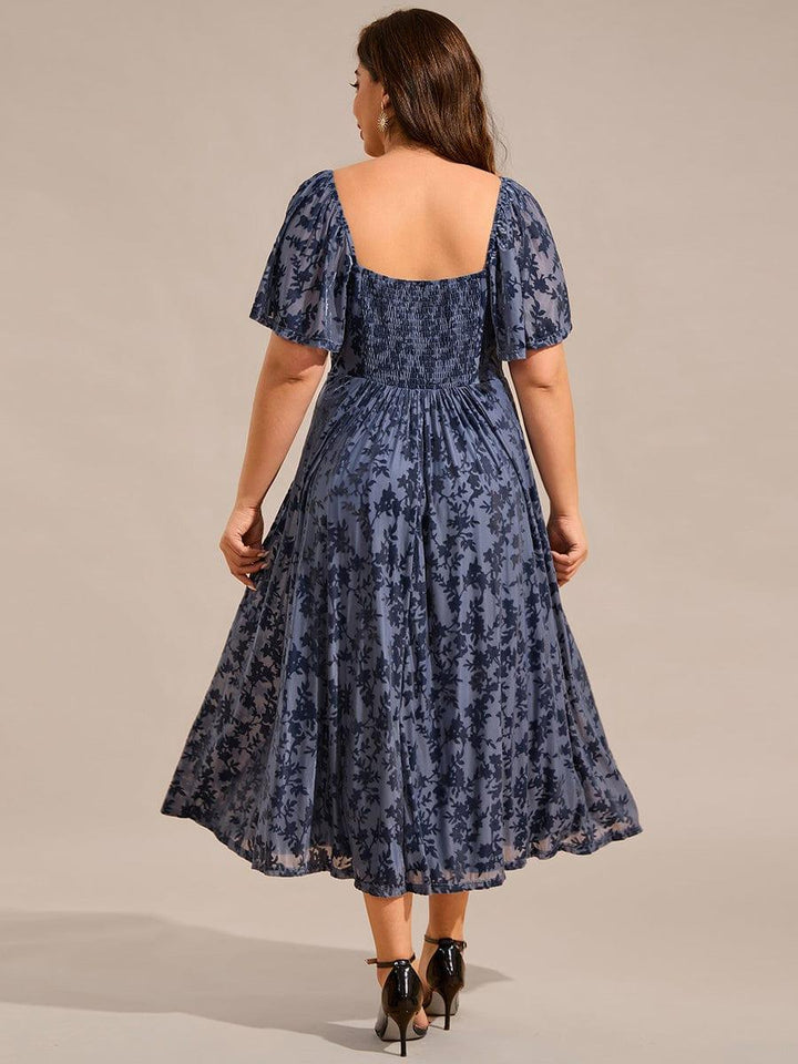 ever BLOOM|Elegant Stretchy Short Sleeve Tea Length Velvet Wedding Guest Dress