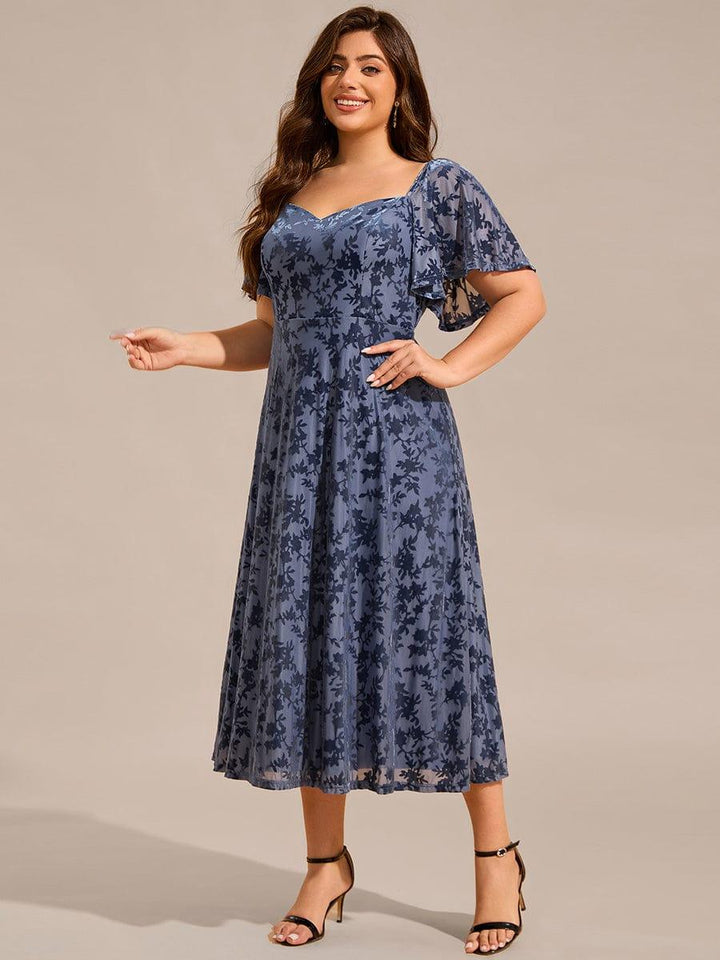 ever BLOOM|Elegant Stretchy Short Sleeve Tea Length Velvet Wedding Guest Dress