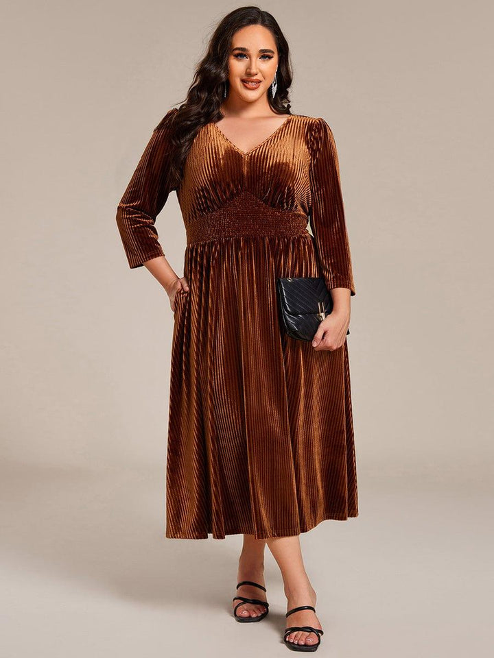 ever ARLET|Long Sleeve High Stretch Velvet Tea Length Wedding Guest Dress
