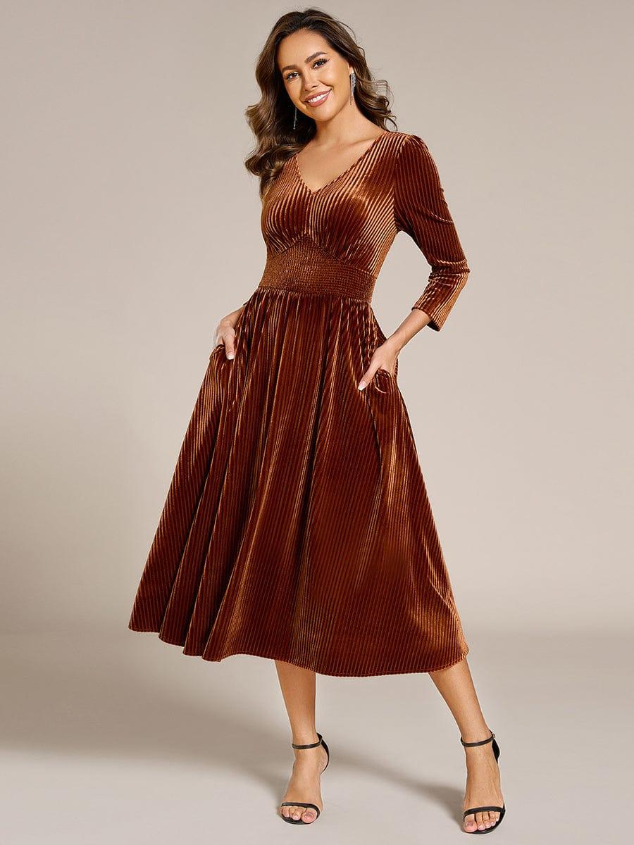 ever ARLET|Long Sleeve High Stretch Velvet Tea Length Wedding Guest Dress
