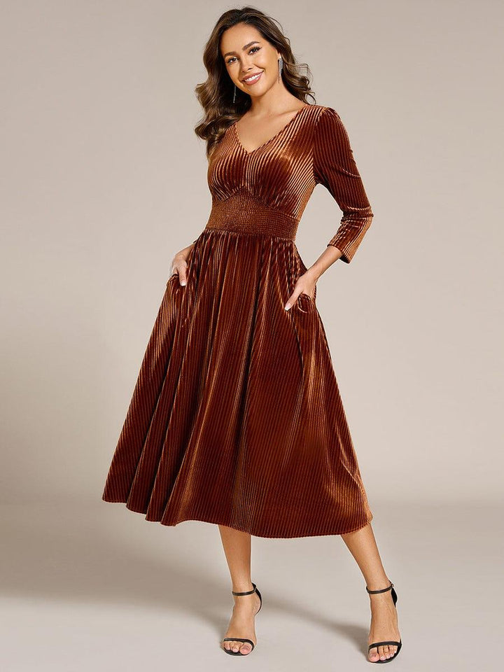 ever ARLET|Long Sleeve High Stretch Velvet Tea Length Wedding Guest Dress