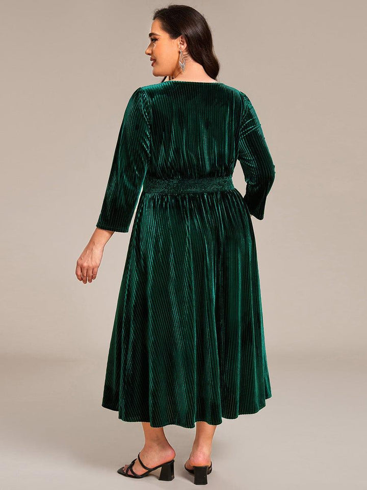 pretty ARLET|Plus Size Elegant Pleated Velvet Stretchy Tea Length Wedding Guest Dress