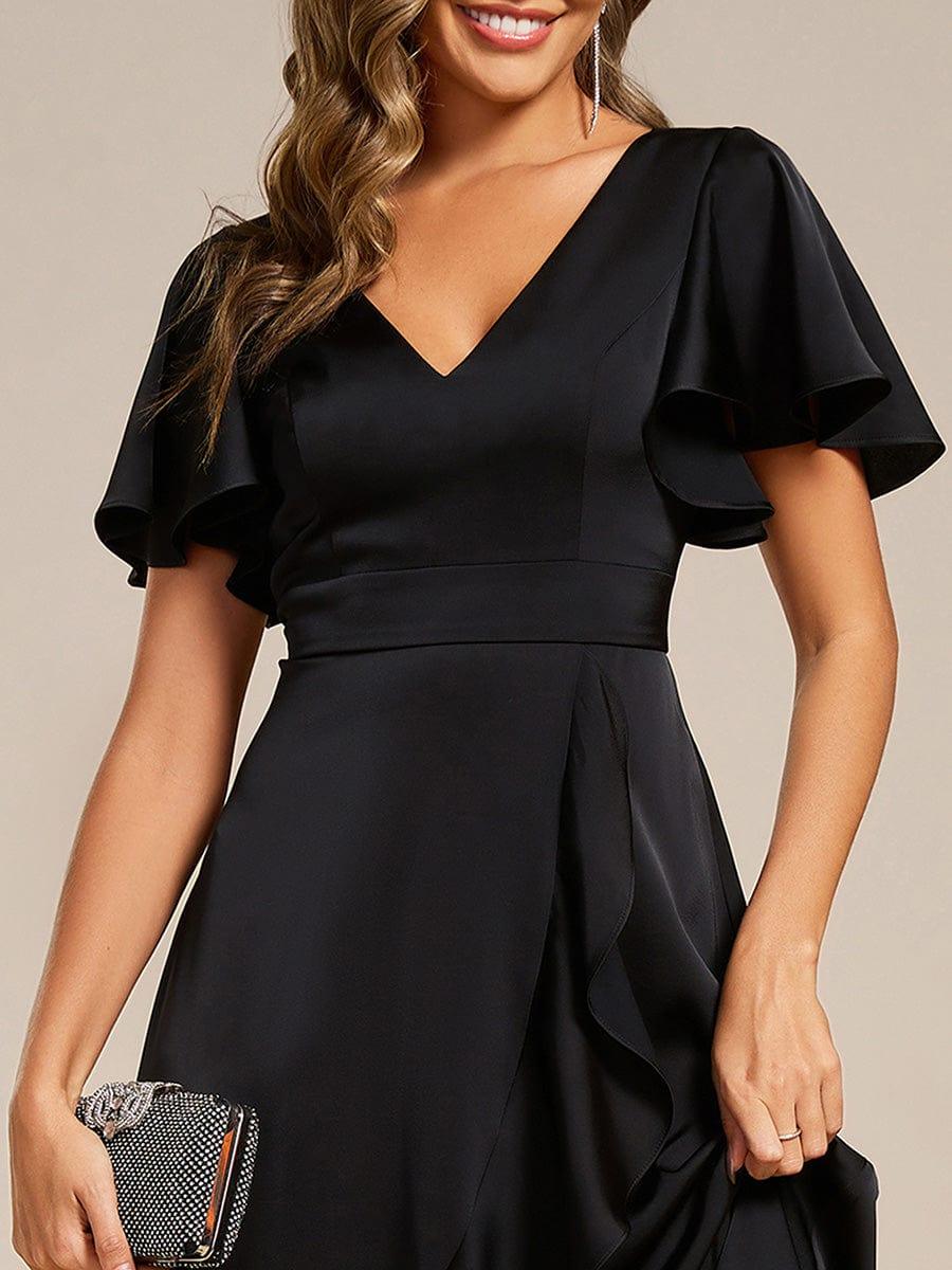 ever SAIGE|V-Neck Satin Midi Wedding Guest Dress with Ruffled Skirt