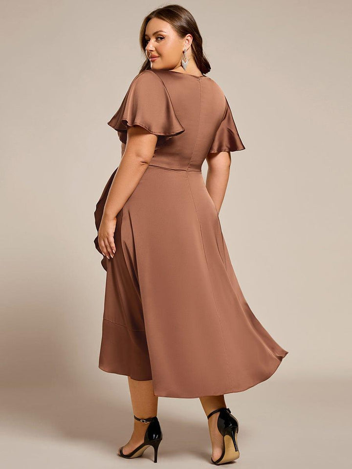 ever SAIGE|V-Neck Satin Midi Wedding Guest Dress with Ruffled Skirt