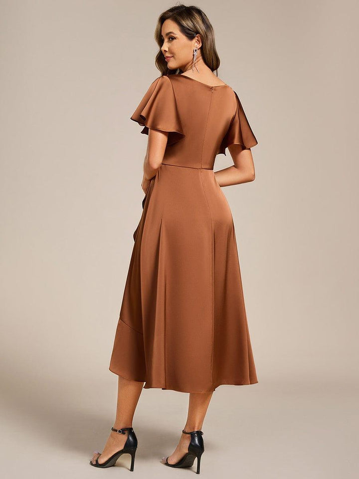 ever SAIGE|V-Neck Satin Midi Wedding Guest Dress with Ruffled Skirt