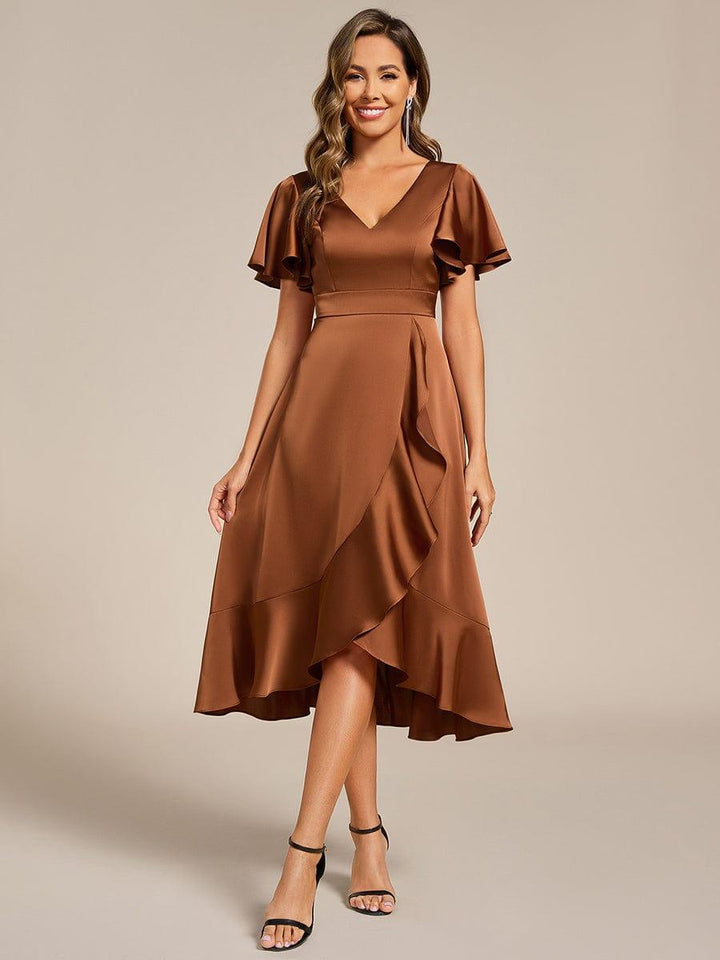ever SAIGE|V-Neck Satin Midi Wedding Guest Dress with Ruffled Skirt